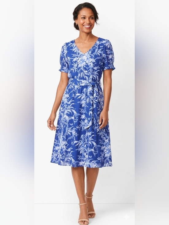 Talbots Dresses & Skirts - Talbots Etched Toile Belted Smocked Fit&Flare Blue Floral Dress Size 14P